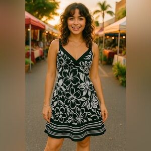 Vintage Nine West Y2K Floral Black White Floral Print Mini Dress Size 6